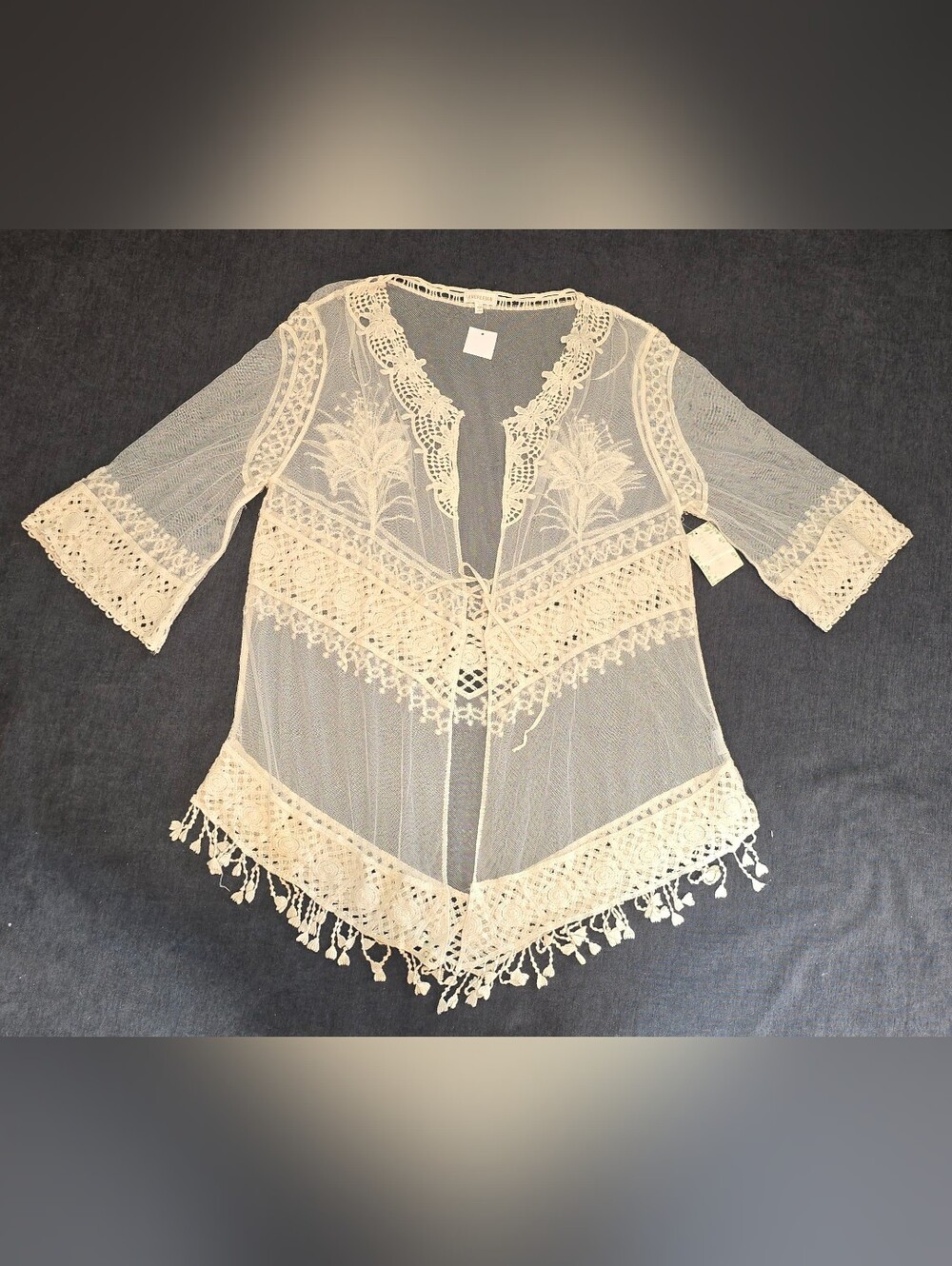 NWT Everleigh Sheer Floral Lace Fringe Duster Cover Up Kimono Large Boho